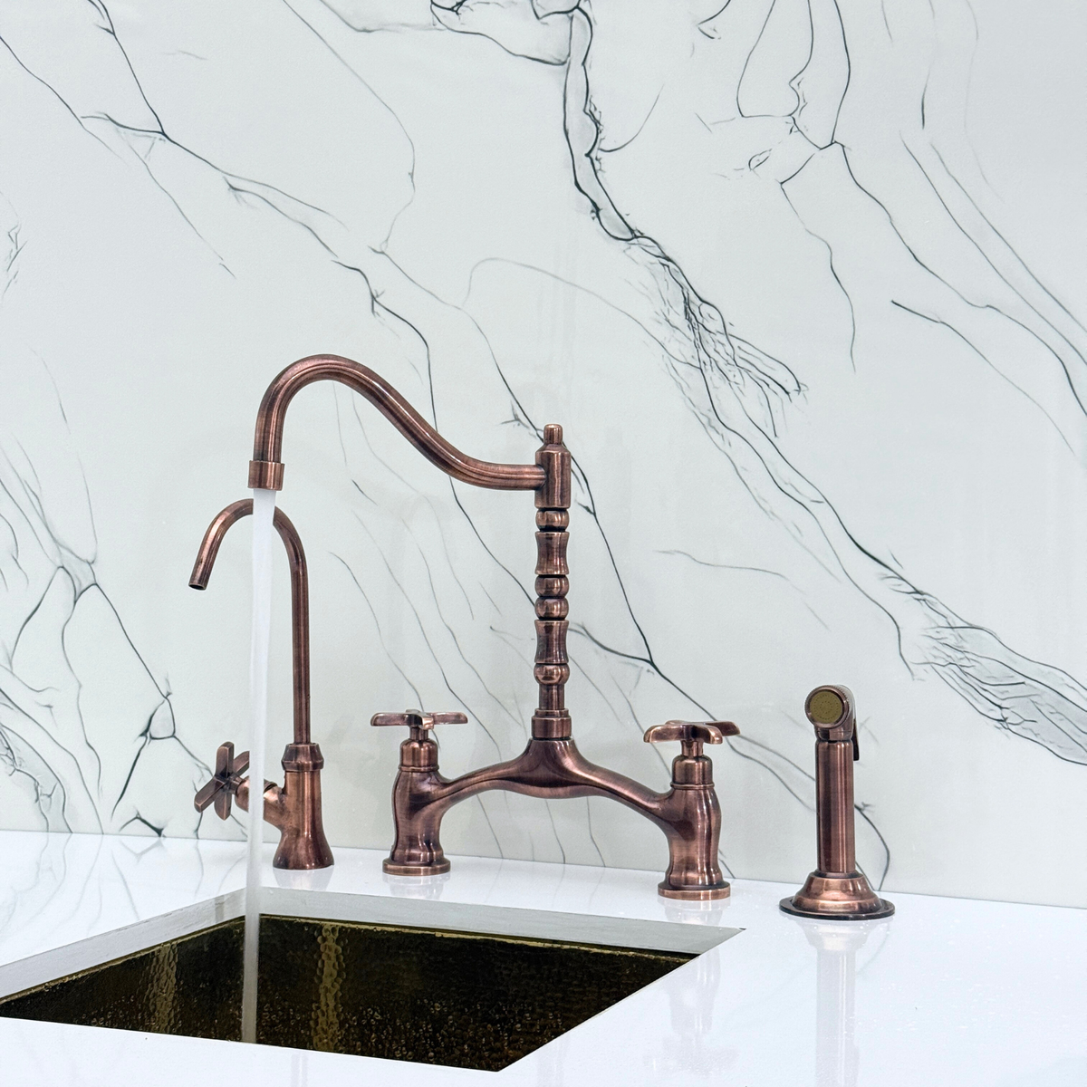 Antique Copper Victorian Bridge Kitchen Faucet with Cross Handles – Somerset – alternate view 6