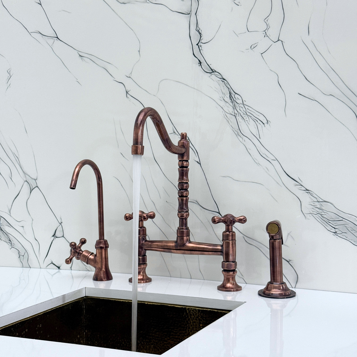 Antique Copper Victorian Bridge Kitchen Faucet with Cross Handles – Tavistock – alternate view 2
