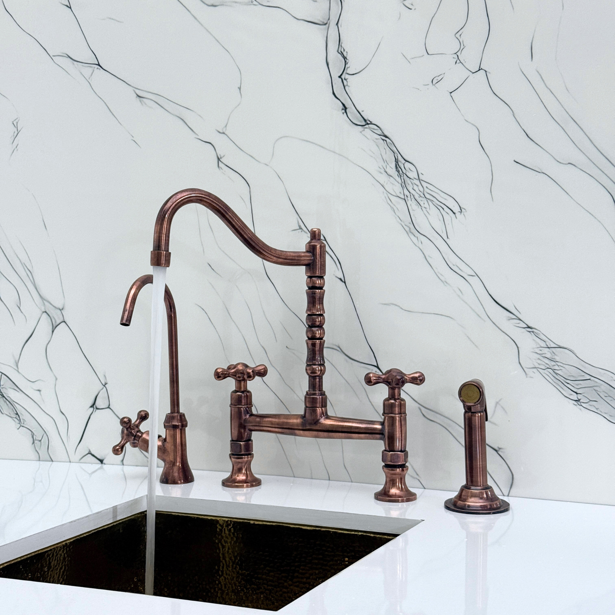 Antique Copper Victorian Bridge Kitchen Faucet with Cross Handles – Tavistock – alternate view 3