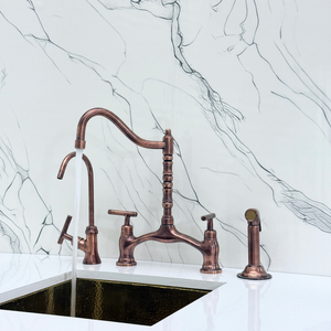 Antique Copper Victorian Bridge Kitchen Faucet with Lever Handles – Somerset – alternate view 6