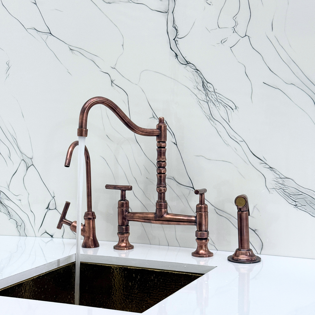 Antique Copper Victorian Bridge Kitchen Faucet with Lever Handles – Tavistock – alternate view 6