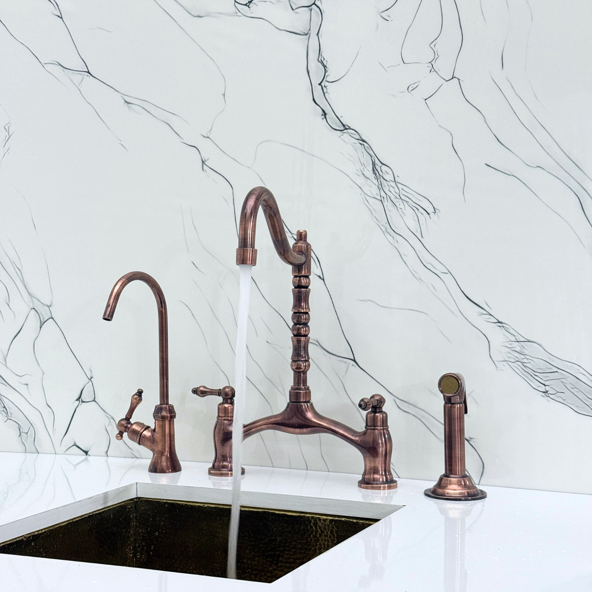 Antique Copper Victorian Bridge Kitchen Faucet with Lever Handles – Somerset – alternate view 2