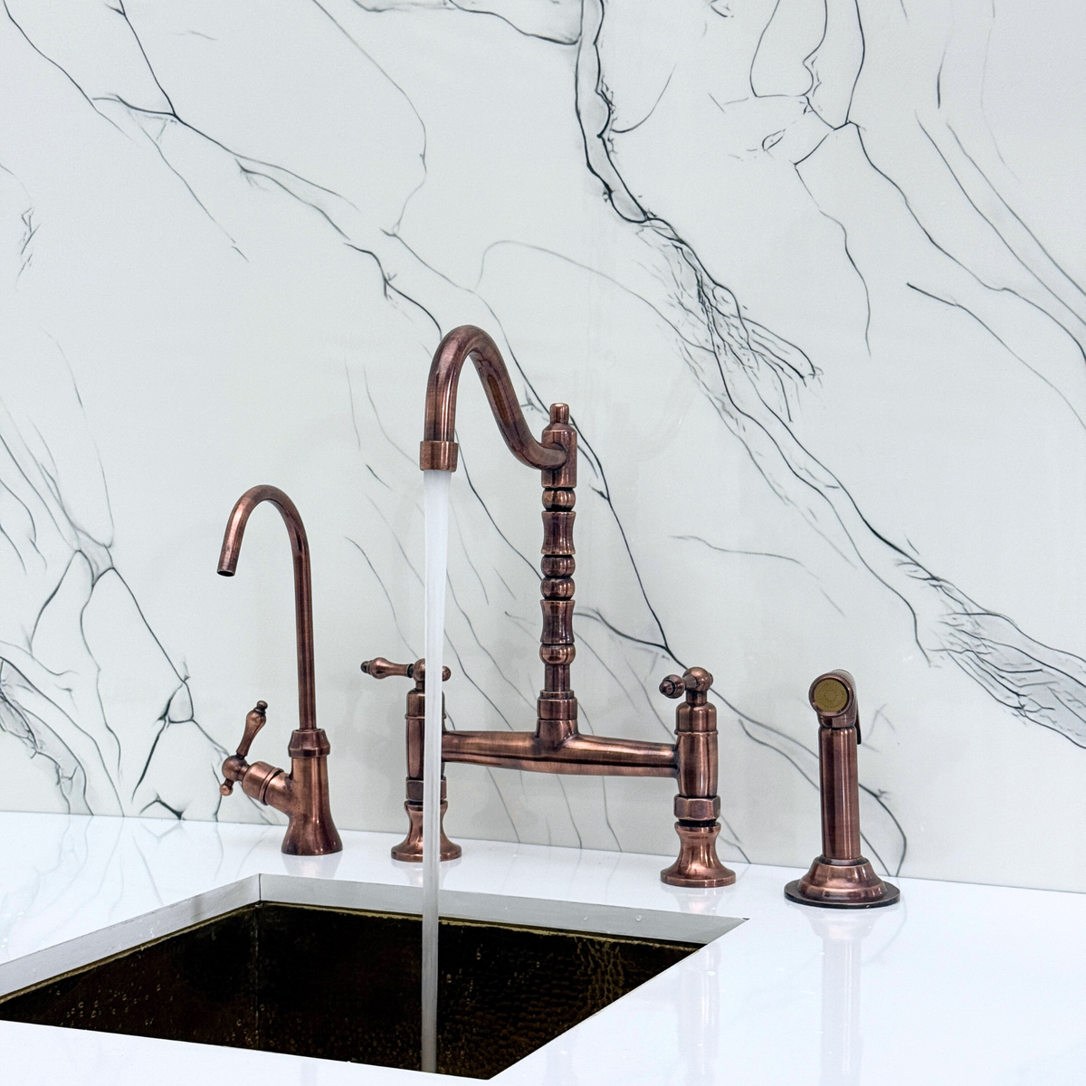 Antique Copper Victorian Bridge Kitchen Faucet with Lever Handles – Tavistock – alternate view 2