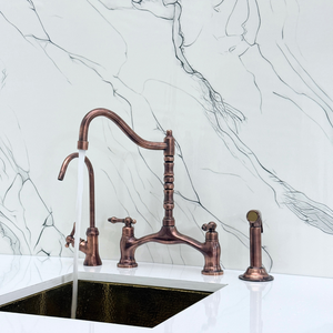 Antique Copper Victorian Bridge Kitchen Faucet with Lever Handles – Somerset – alternate view 3