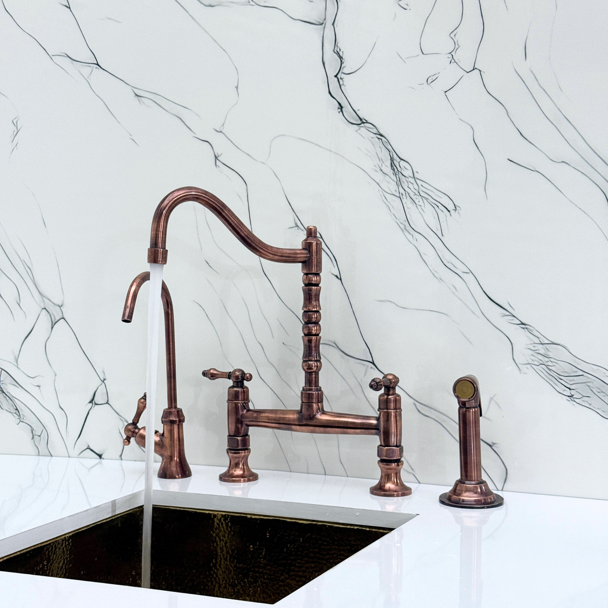 Antique Copper Victorian Bridge Kitchen Faucet with Lever Handles – Tavistock – alternate view 3