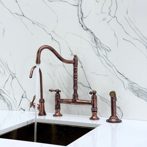 Antique Copper Victorian Bridge Kitchen Faucet with Lever Handles – Tavistock – alternate view 3