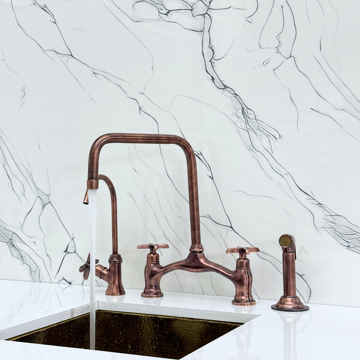 Antique Copper Vintage Bridge Kitchen Faucet with Cross Handles – Waverley – alternate view 6