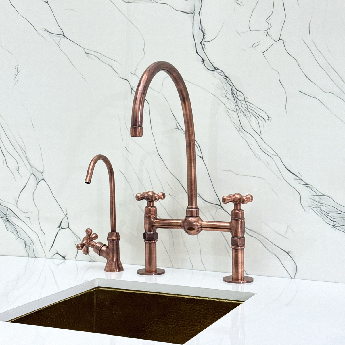 Antique Copper Bridge Kitchen Faucet with Cross Handles – Cavendish – alternate view 9