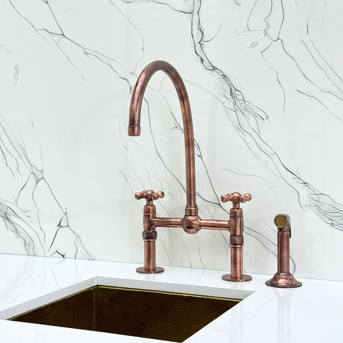Antique Copper Bridge Kitchen Faucet with Cross Handles – Cavendish – alternate view 11
