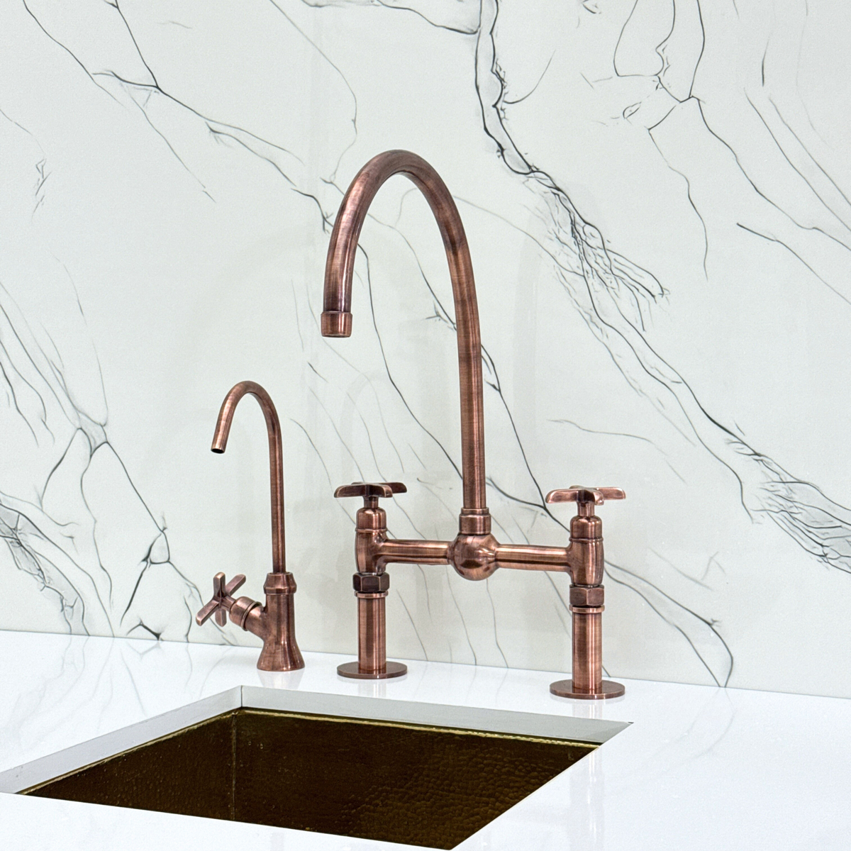 Antique Copper Bridge Kitchen Faucet with Cross Handles – Cavendish – alternate view 10