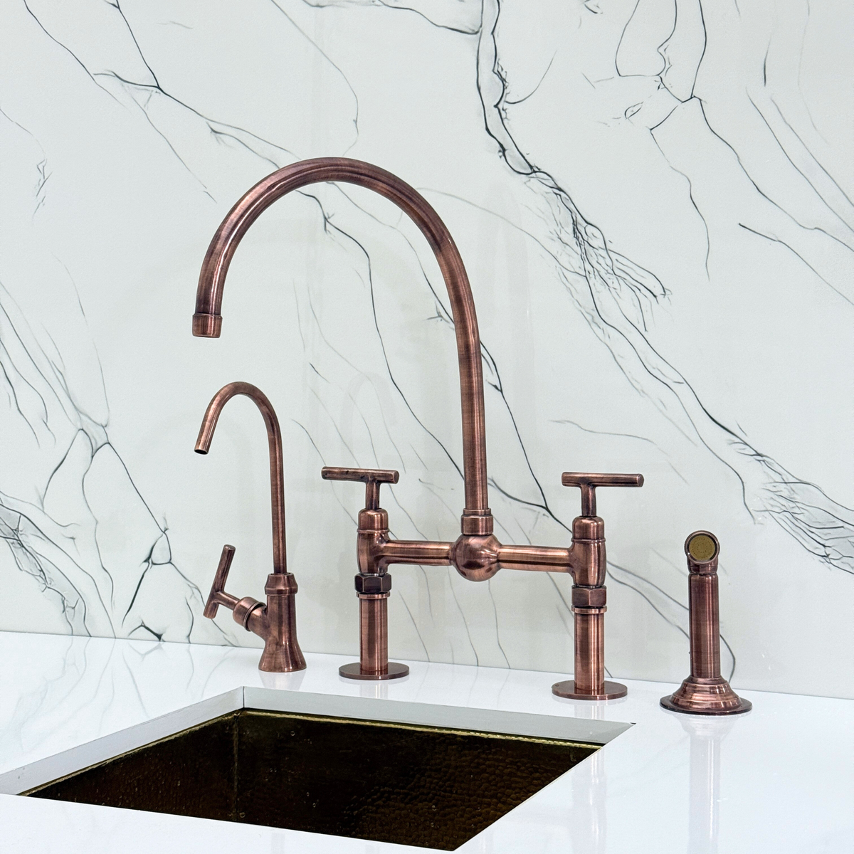 Antique Copper Bridge Kitchen Faucet with Lever Handles – Cavendish – alternate view 4