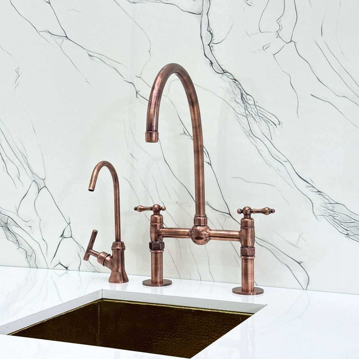 Antique Copper Bridge Kitchen Faucet with Lever Handles – Cavendish – alternate view 9