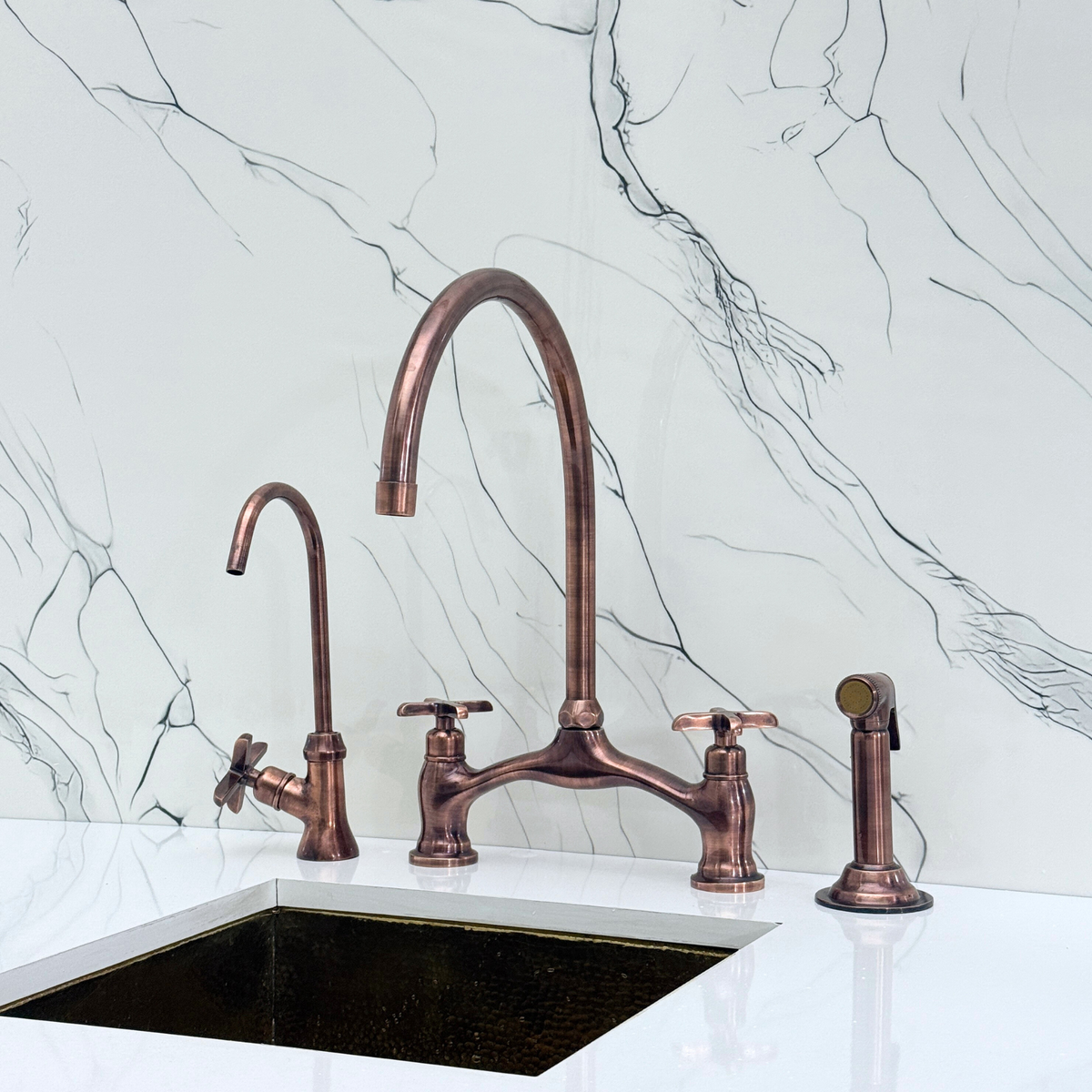 Antique Copper Bridge Kitchen Faucet with Cross Handles – Pembroke – alternate view 4
