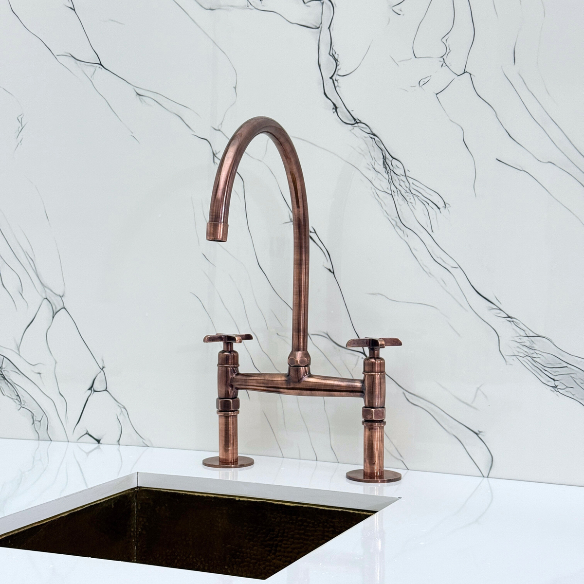 Antique Copper Bridge Kitchen Faucet with Cross Handles – Montrose – alternate view 8