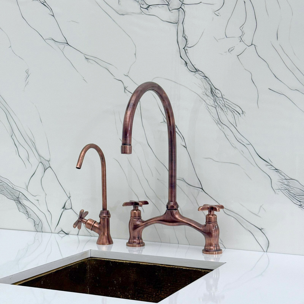 Antique Copper Bridge Kitchen Faucet with Cross Handles – Pembroke – alternate view 10