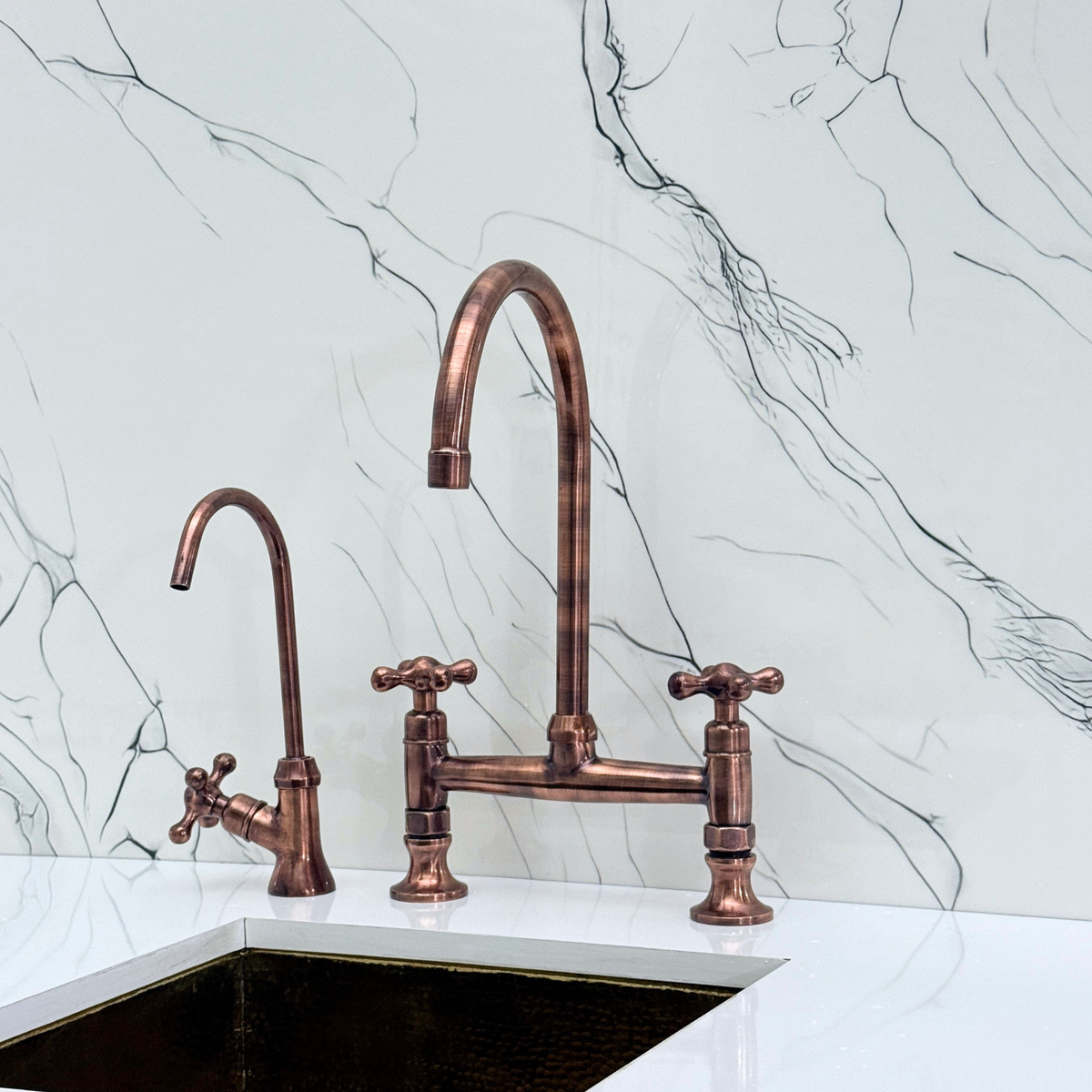 Antique Copper Bridge Kitchen Faucet with Cross Handles – Ravenscroft – alternate view 9