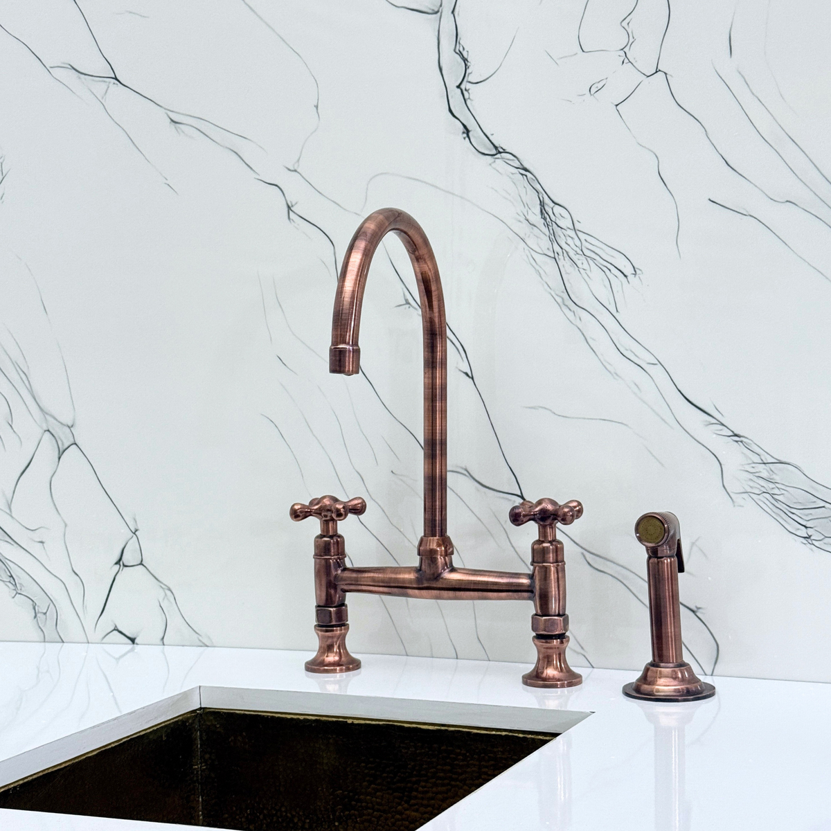 Antique Copper Bridge Kitchen Faucet with Cross Handles – Ravenscroft – alternate view 11