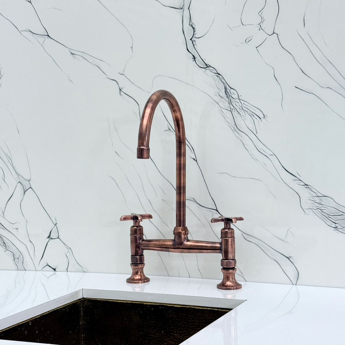 Antique Copper Bridge Kitchen Faucet with Cross Handles – Ravenscroft – alternate view 8