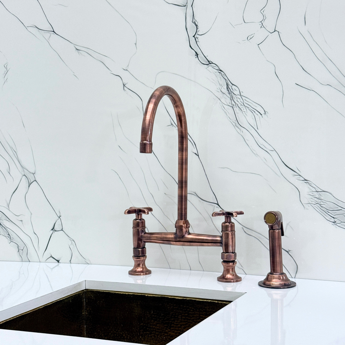 Antique Copper Bridge Kitchen Faucet with Cross Handles – Ravenscroft – alternate view 12