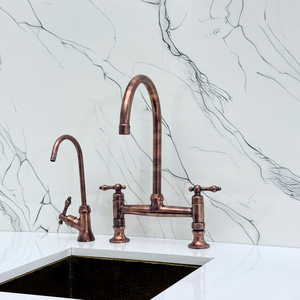 Antique Copper Bridge Kitchen Faucet with Lever Handles – Ravenscroft – alternate view 9