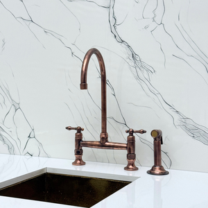 Antique Copper Bridge Kitchen Faucet with Lever Handles – Ravenscroft – alternate view 12