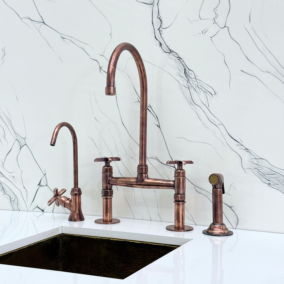 Antique Copper Bridge Kitchen Faucet with Cross Handles – Windsor – alternate view 4