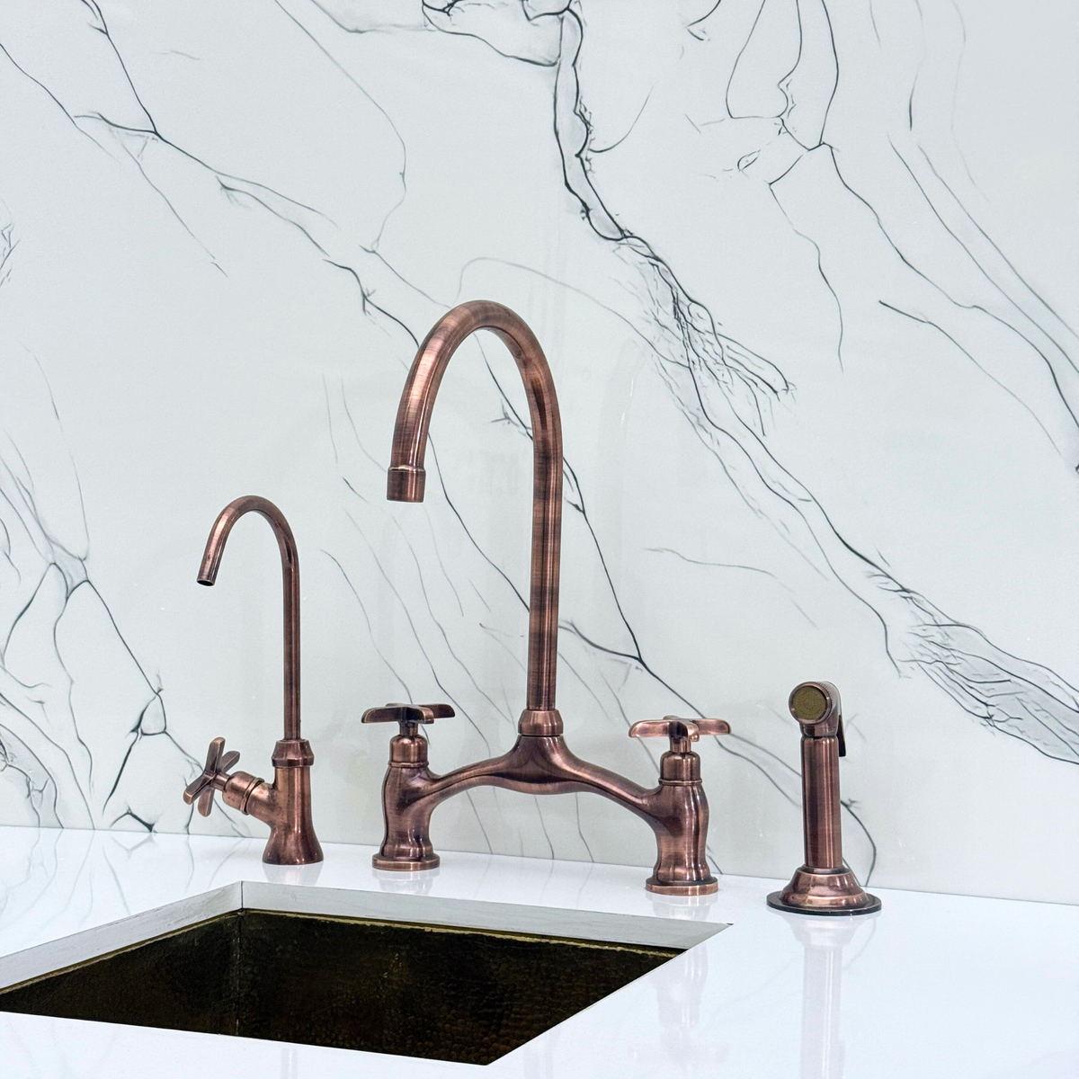 Antique Copper Bridge Kitchen Faucet with Cross Handles – Alderley – alternate view 4