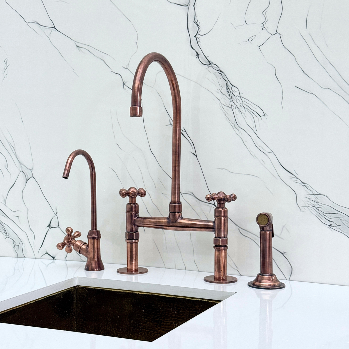 Antique Copper Bridge Kitchen Faucet with Cross Handles – Windsor