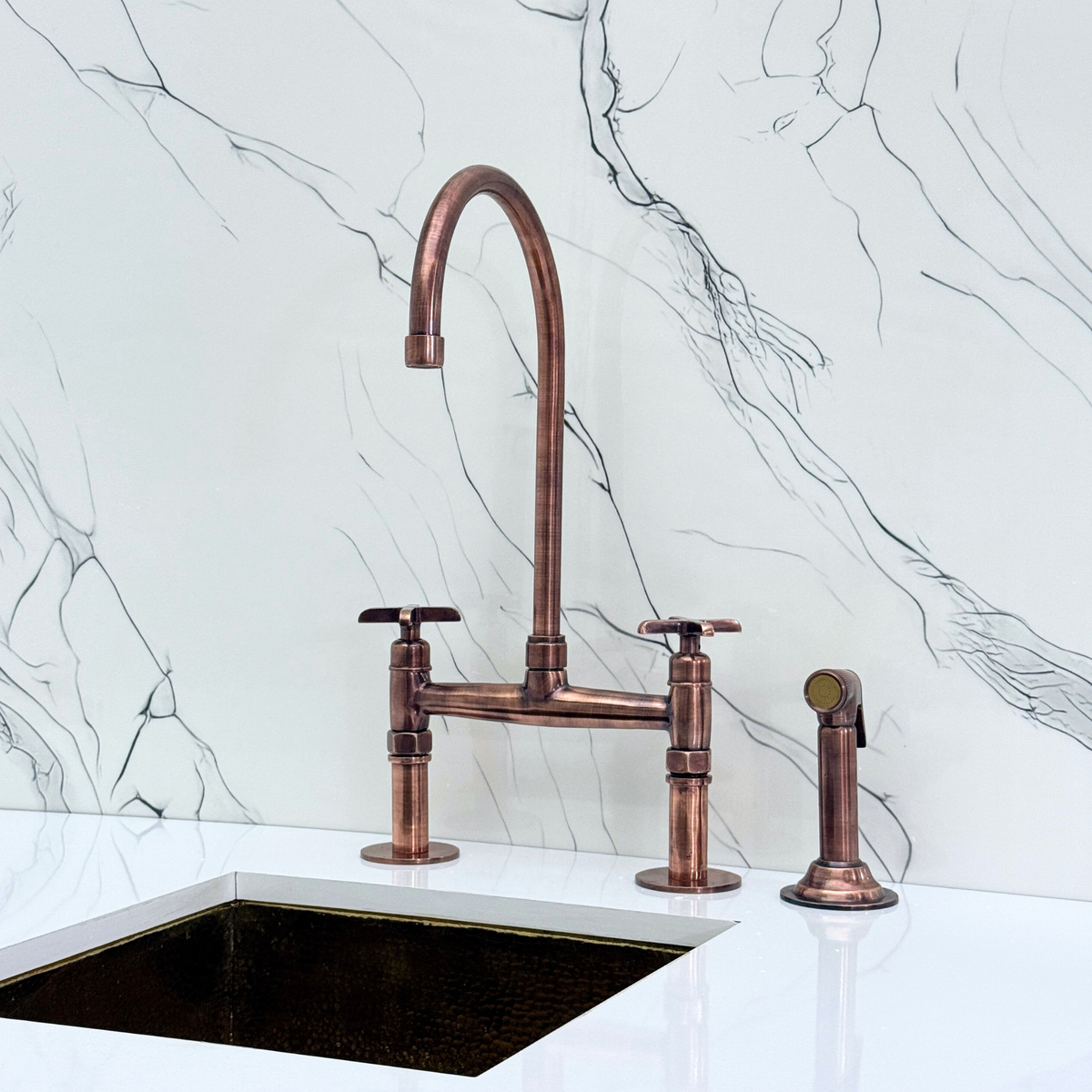 Antique Copper Bridge Kitchen Faucet with Cross Handles – Windsor – alternate view 12