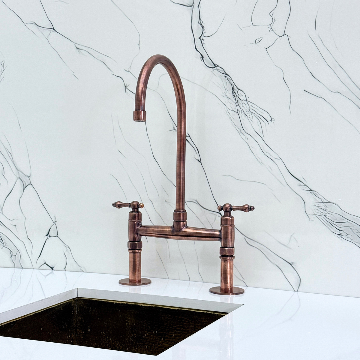 Antique Copper Bridge Kitchen Faucet with Lever Handles – Windsor – alternate view 7