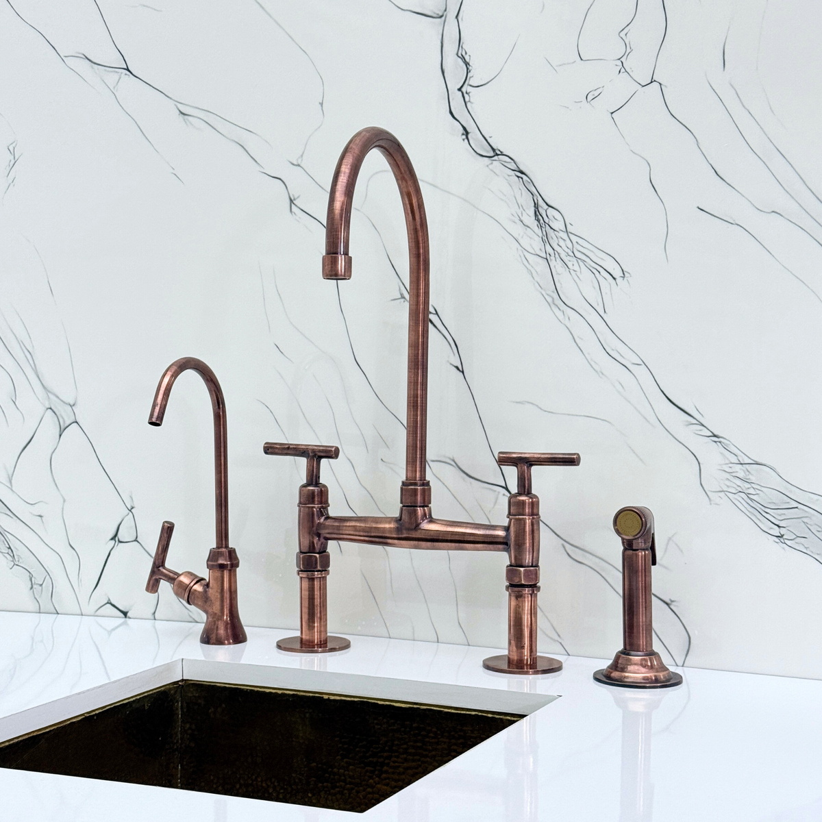 Antique Copper Bridge Kitchen Faucet with Lever Handles – Windsor – alternate view 4