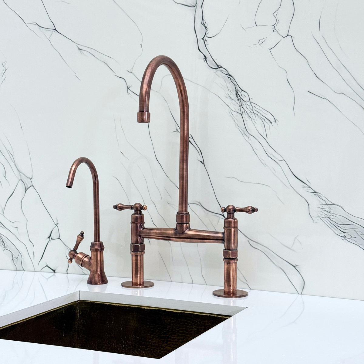 Antique Copper Bridge Kitchen Faucet with Lever Handles – Windsor – alternate view 9