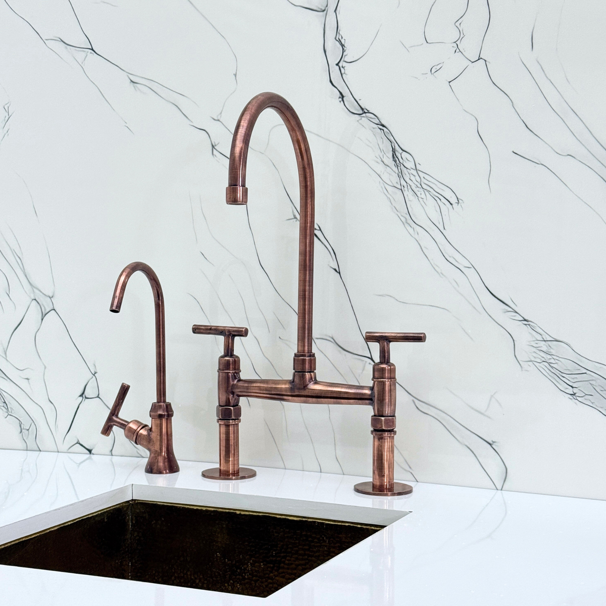 Antique Copper Bridge Kitchen Faucet with Lever Handles – Windsor – alternate view 10