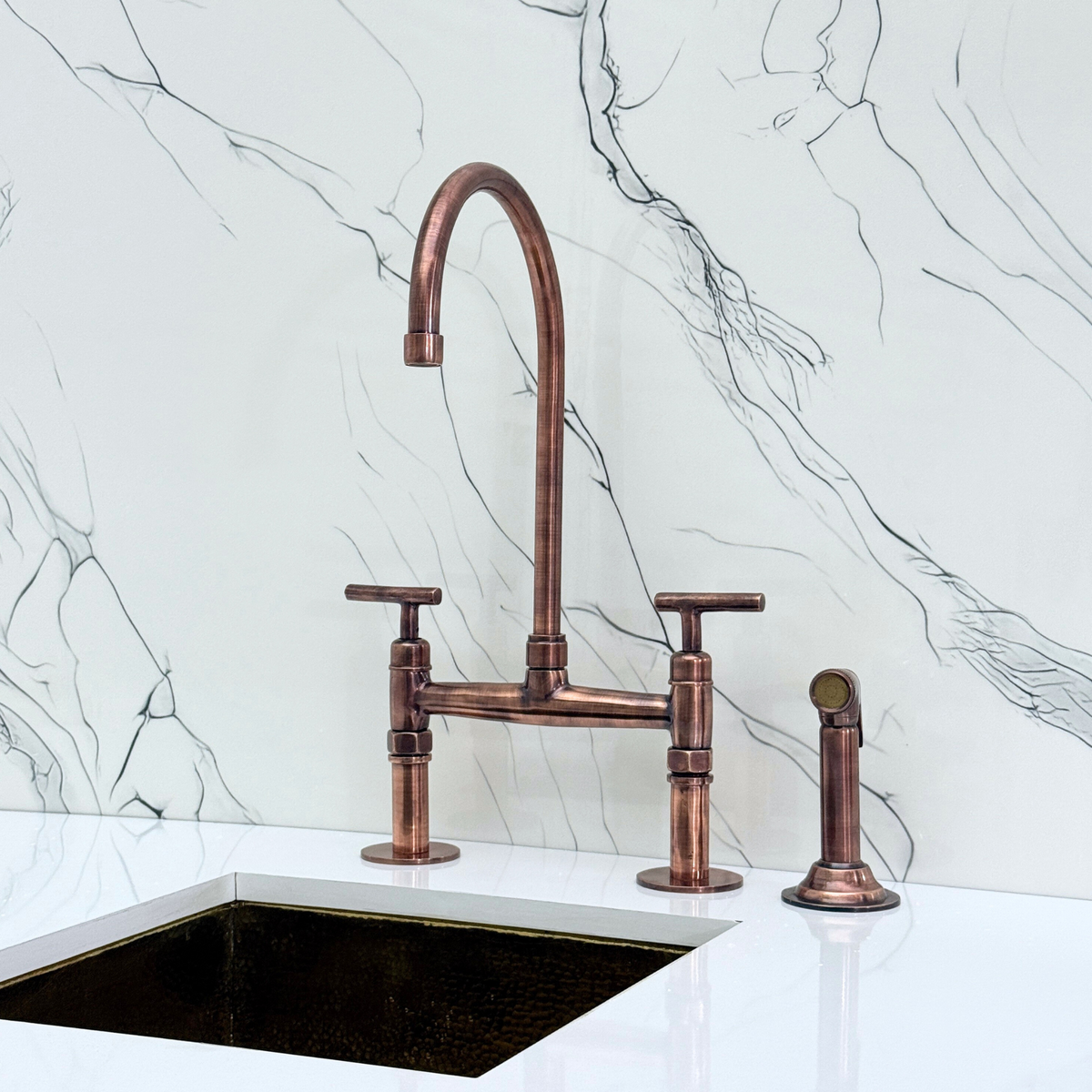 Antique Copper Bridge Kitchen Faucet with Lever Handles – Windsor – alternate view 12