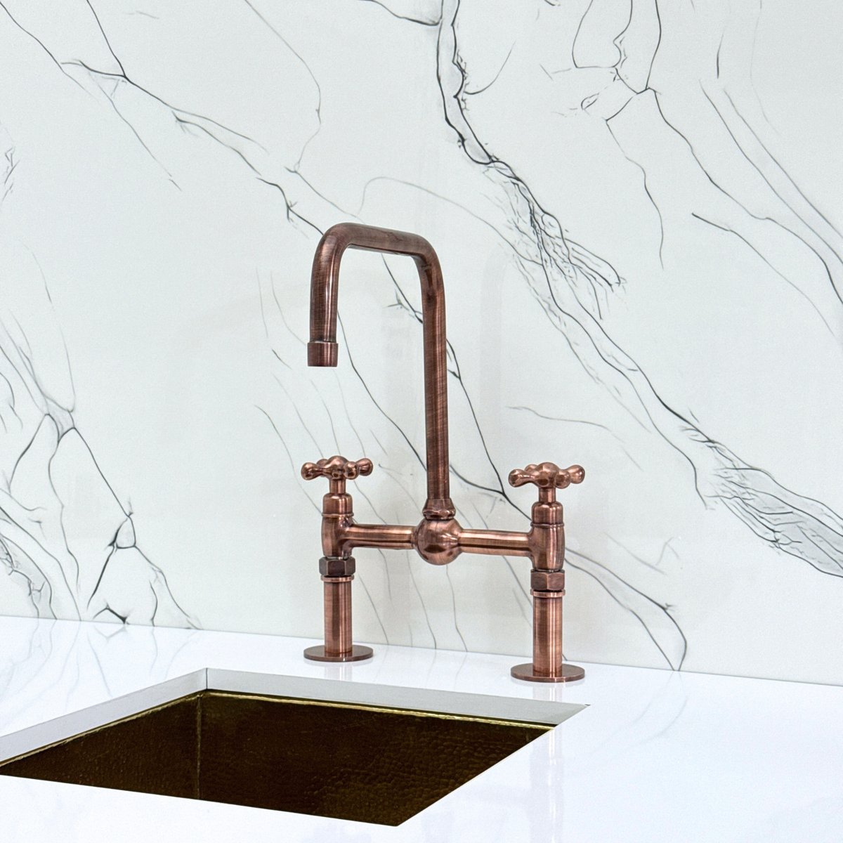 Antique Copper Classic Bridge Kitchen Faucet with Cross Handles – Grosvenor – alternate view 7