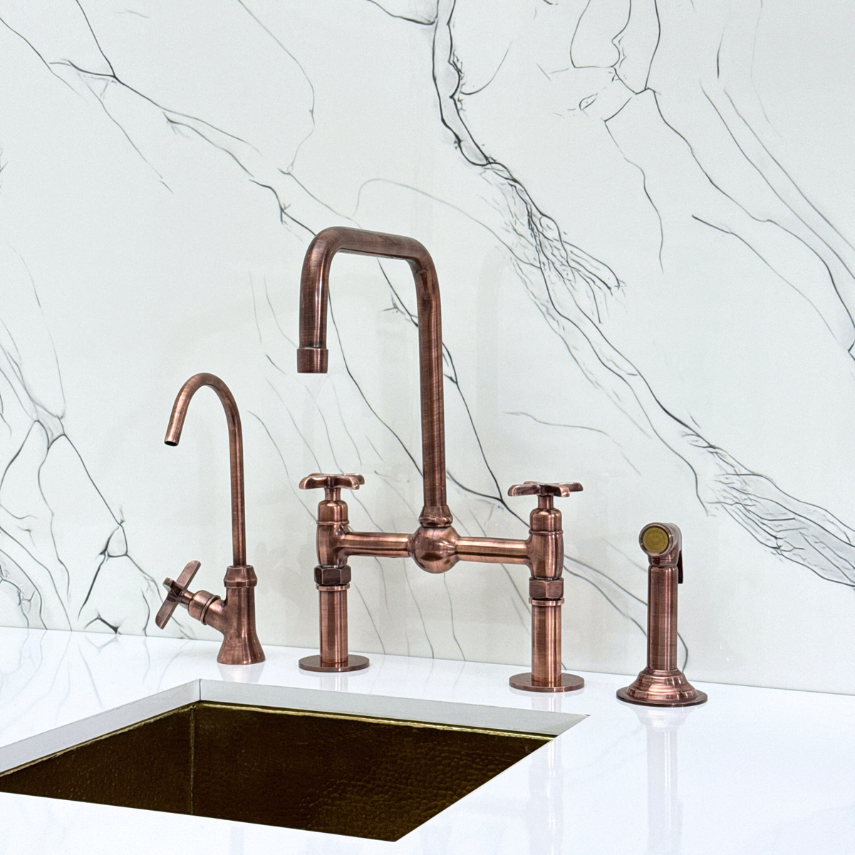 Antique Copper Classic Bridge Kitchen Faucet with Cross Handles – Grosvenor – alternate view 4