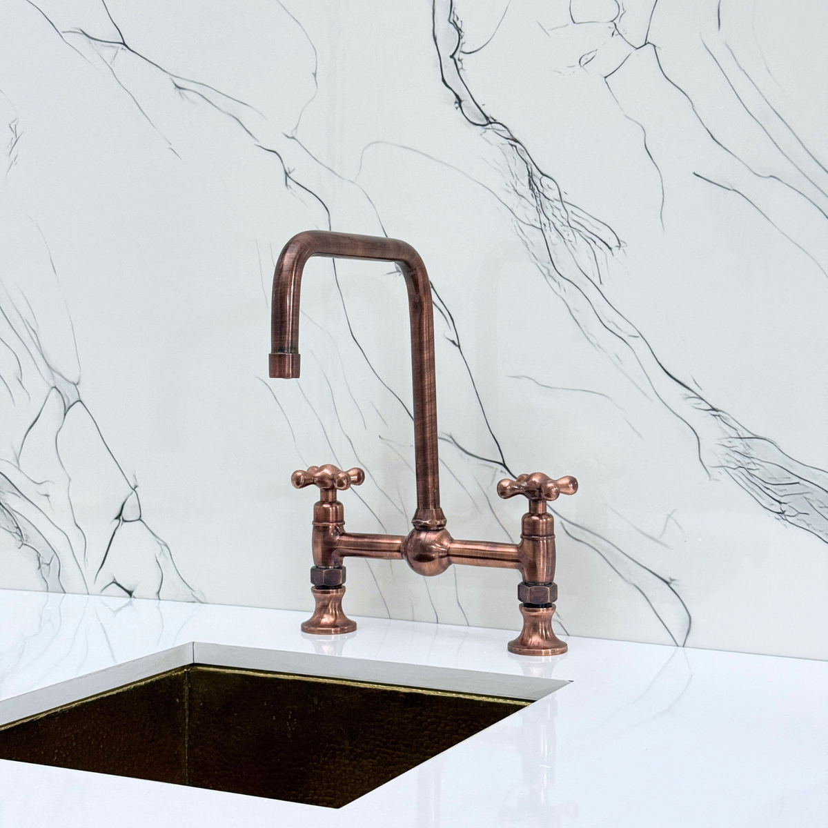 Antique Copper Classic Bridge Kitchen Faucet with Cross Handles – Harrington – alternate view 7