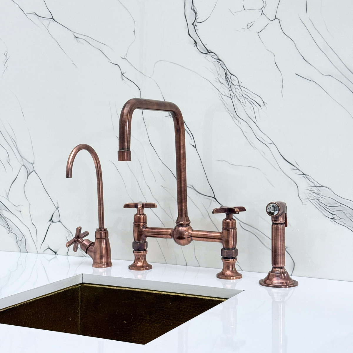 Antique Copper Classic Bridge Kitchen Faucet with Cross Handles – Harrington – alternate view 4