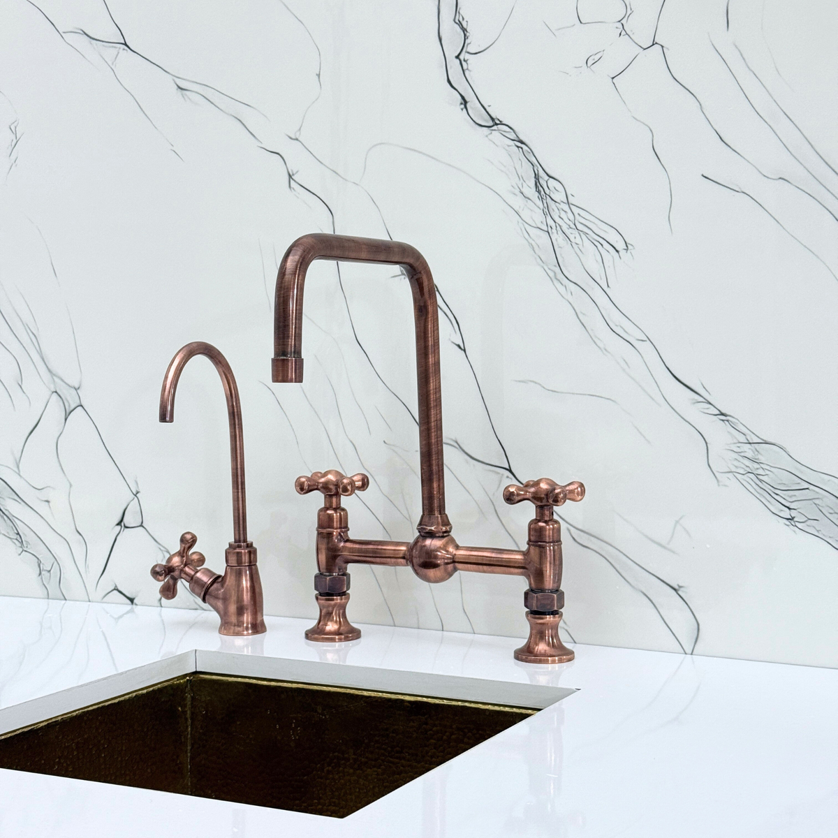 Antique Copper Classic Bridge Kitchen Faucet with Cross Handles – Harrington – alternate view 9