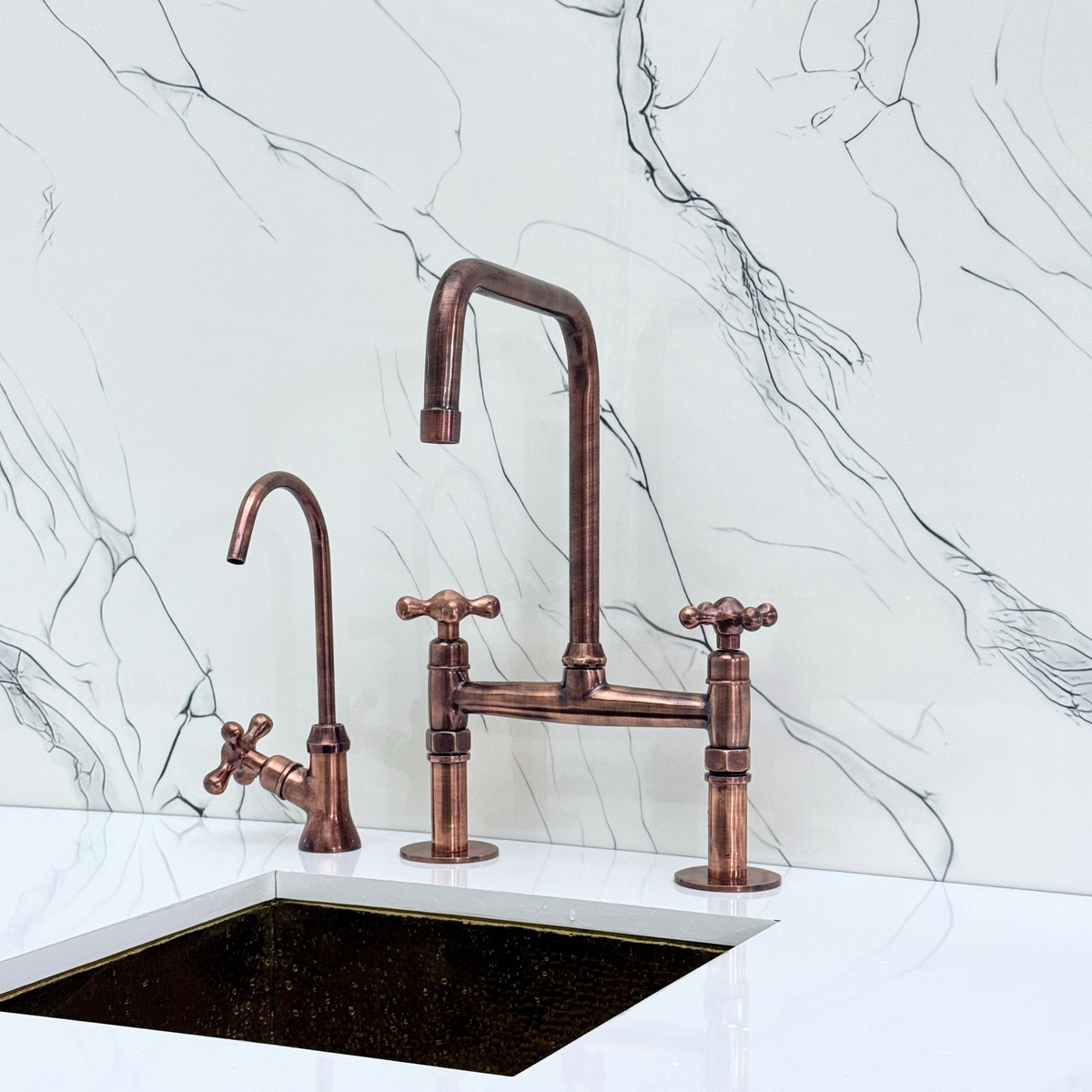 Antique Copper Classic Bridge Kitchen Faucet with Cross Handles – Lancaster – alternate view 9