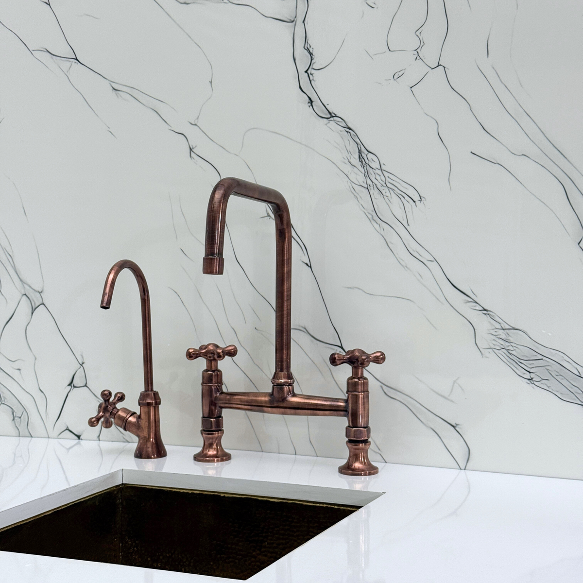 Antique Copper Classic Bridge Kitchen Faucet with Cross Handles – Whitmore – alternate view 9