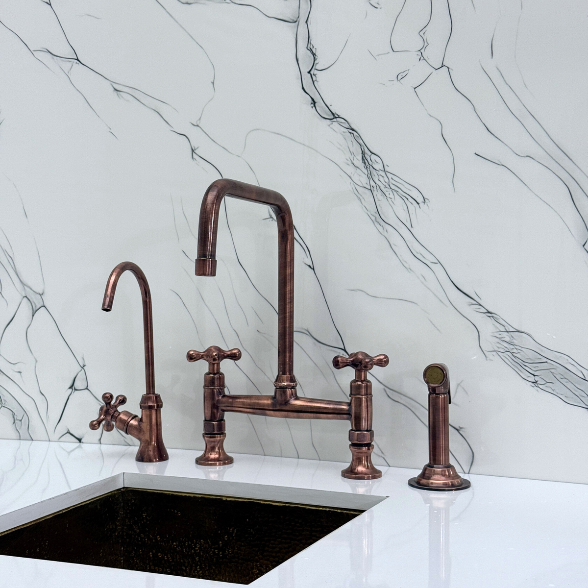 Antique Copper Classic Bridge Kitchen Faucet with Cross Handles – Whitmore