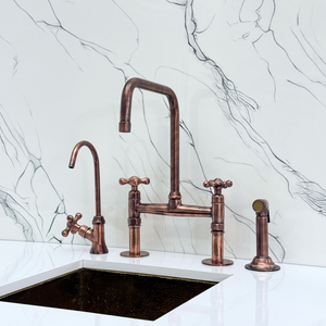 Antique Copper Classic Bridge Kitchen Faucet with Cross Handles – Lancaster