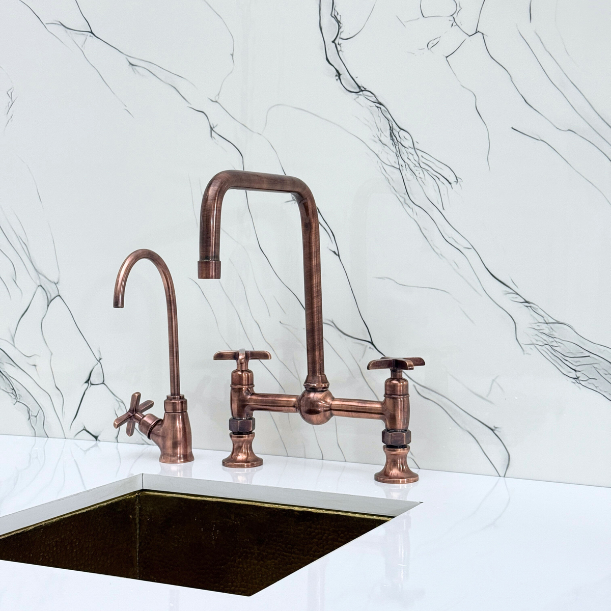Antique Copper Classic Bridge Kitchen Faucet with Cross Handles – Harrington – alternate view 10