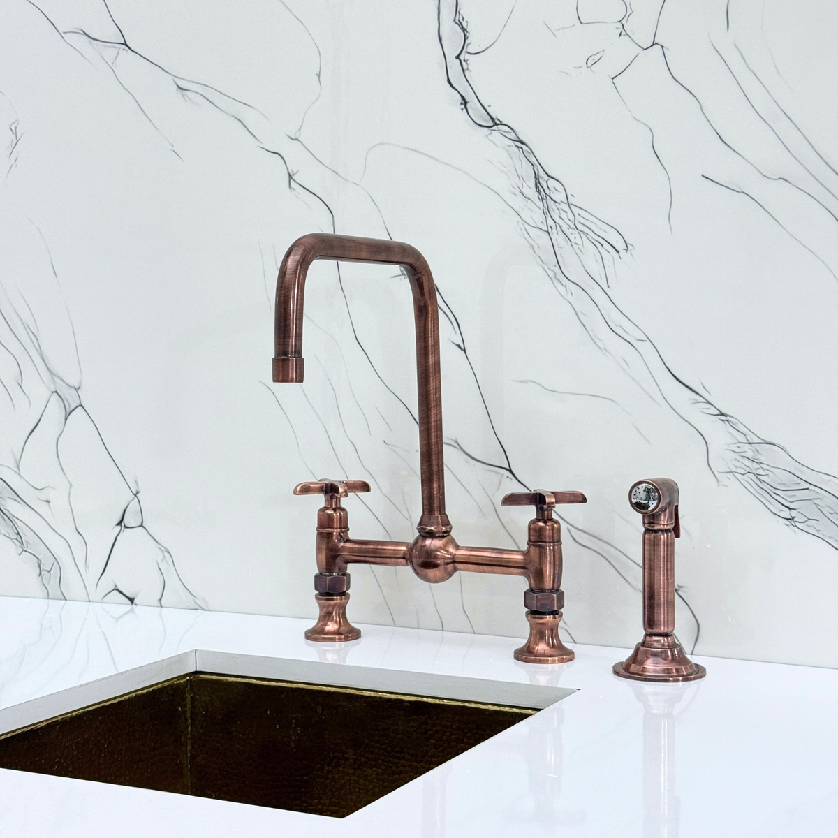 Antique Copper Classic Bridge Kitchen Faucet with Cross Handles – Harrington – alternate view 12