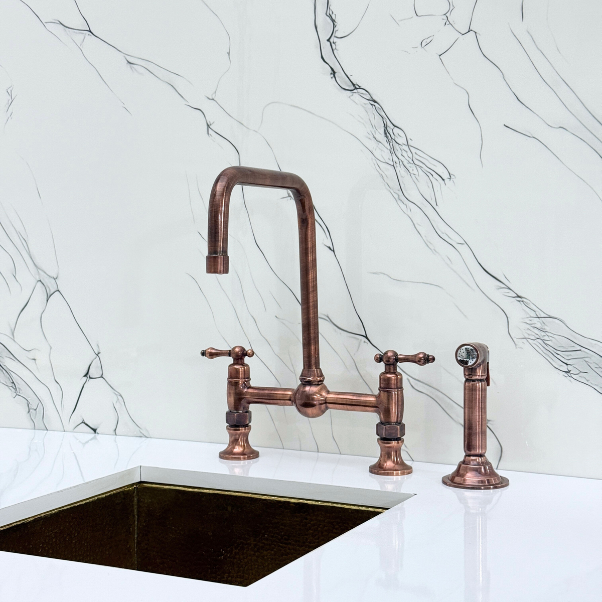 Antique Copper Classic Bridge Kitchen Faucet with Lever Handles – Harrington – alternate view 11