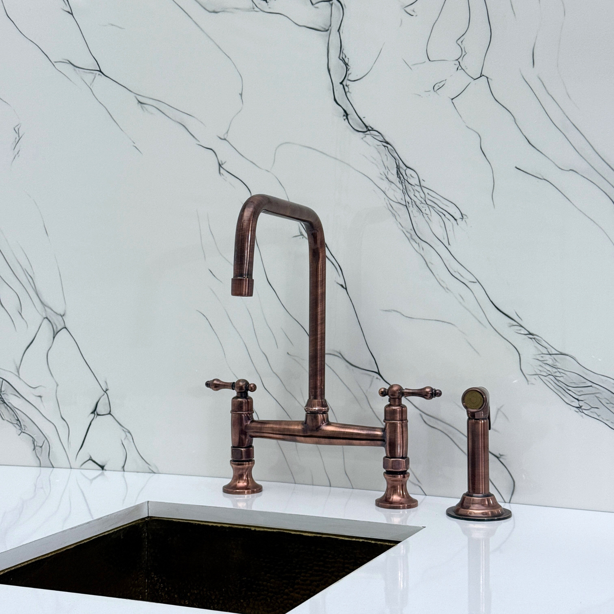 Antique Copper Classic Bridge Kitchen Faucet with Lever Handles – Whitmore – alternate view 11