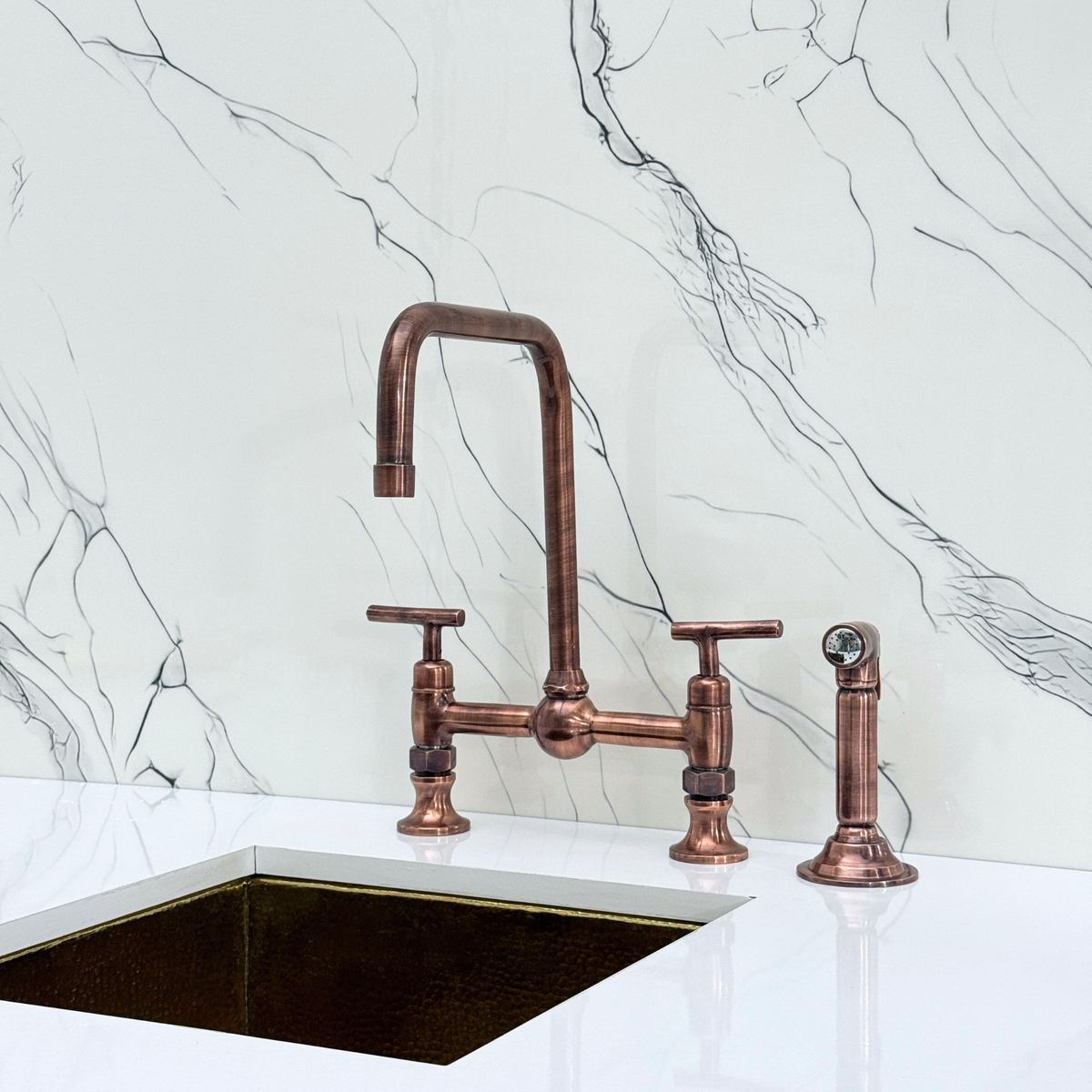 Antique Copper Classic Bridge Kitchen Faucet with Lever Handles – Harrington – alternate view 12