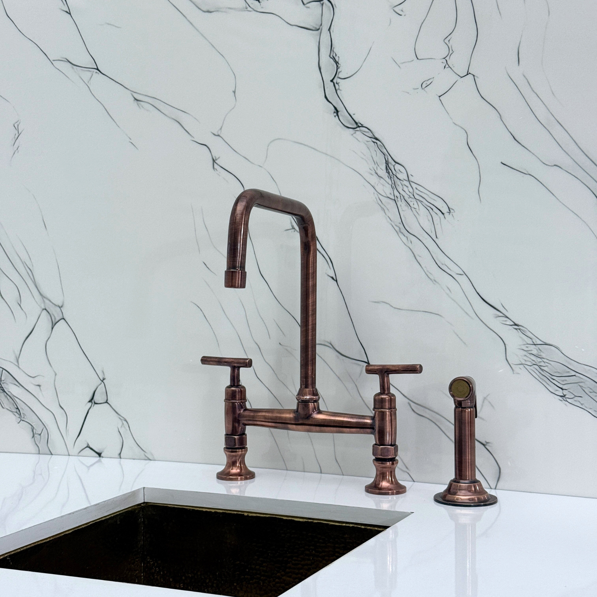 Antique Copper Classic Bridge Kitchen Faucet with Lever Handles – Whitmore – alternate view 12