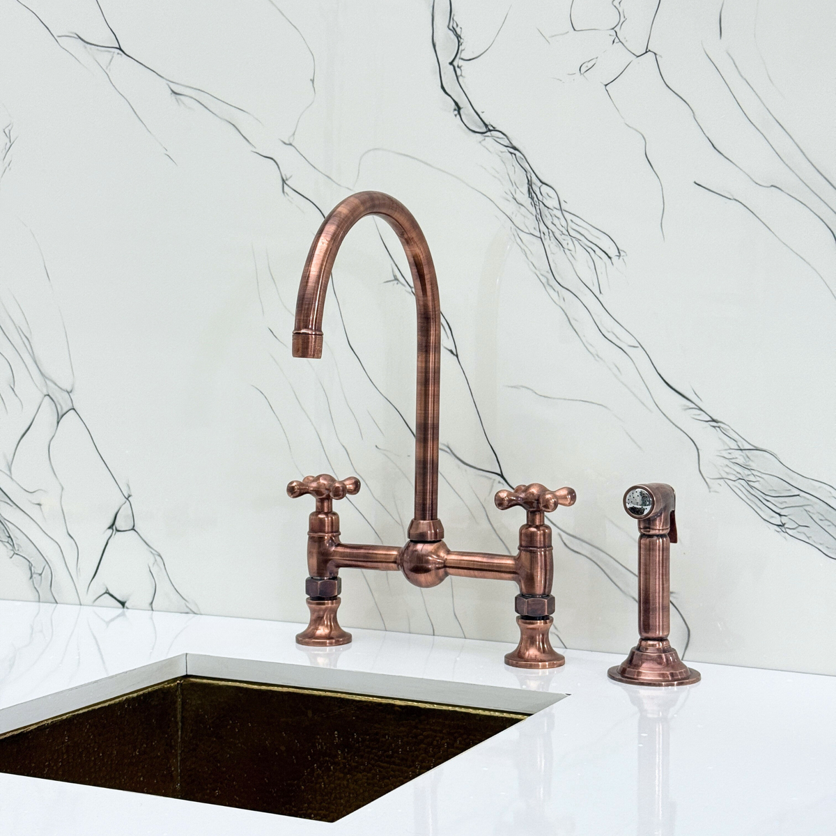 Antique Copper Bridge Kitchen Faucet with Cross Handles – Ellington – alternate view 11